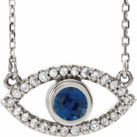 Sterling Silver Lab-grown Blue Sapphire & Natural White Sapphire Evil Eye 16' Necklace