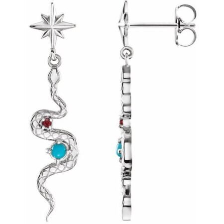 Platinum Natural Turquoise & Natural Ruby Snake Earrings