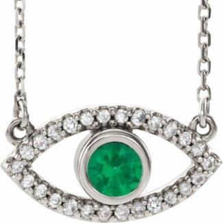 14k White Lab-grown Emerald & Natural White Sapphire Evil Eye 18' Necklace
