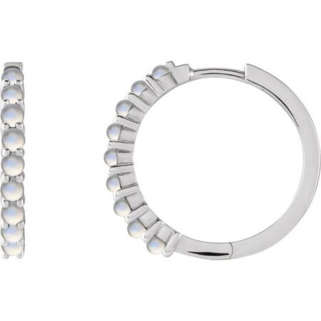 Platinum Natural Rainbow Moonstone Cabochon Hinged 20 Mm  Hoop Earrings
