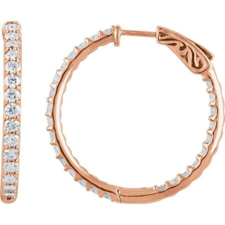 14k Rose 2 Ctw Natural Diamond Inside-outside 29.5 Mm Hinged Hoop Earrings