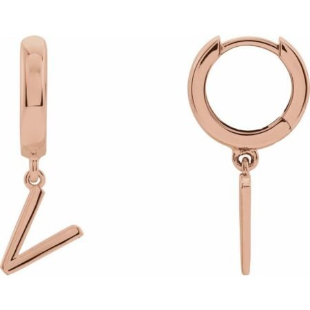 14k Rose Initial V Hinged Huggie Earring