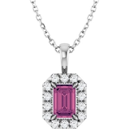 Sterling Silver 6x4 Mm Natural Pink Tourmaline & 1/5 Ctw Natural Diamond 16-18' Necklace