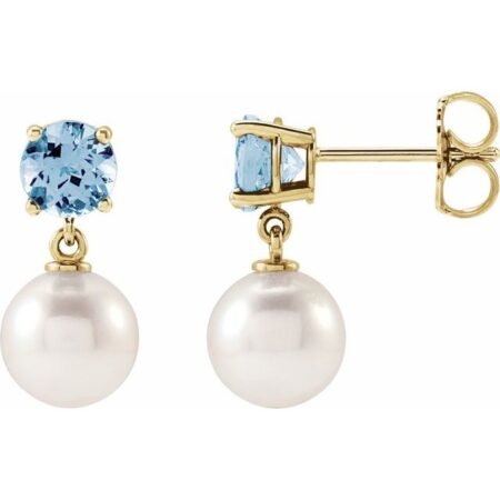 14k Yellow Cultured White Akoya Pearl & Natural Aquamarine