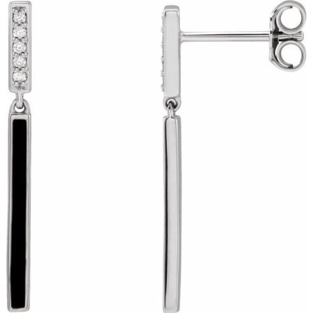 14k White .06 Ctw Natural Diamond & Black Enamel Bar Earrings