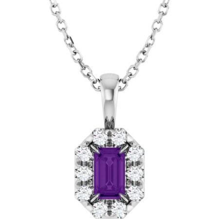 Platinum 5x3 Mm Natural Amethyst & 1/8 Ctw Natural Diamond 16-18' Necklace