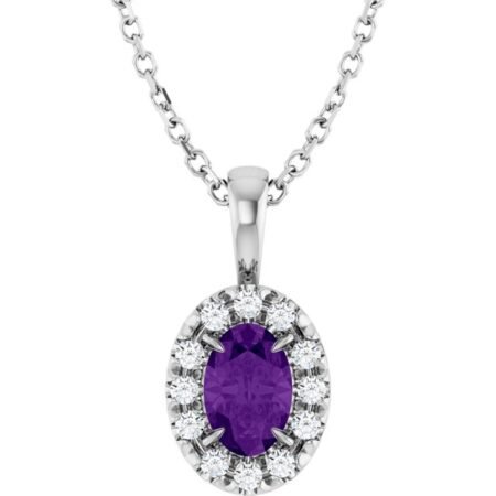 Sterling Silver 5x3 Mm Natural Amethyst & .05 Ctw Natural Diamond 16-18' Necklace