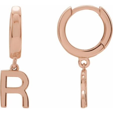 14k Rose Initial R Hinged Huggie Earring