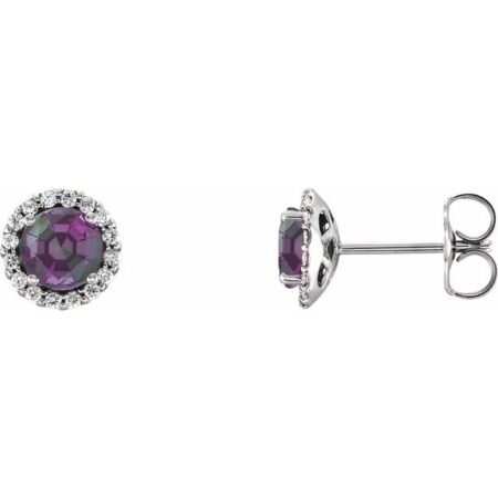 14k White 5.5 Mm Lab-grown Alexandrite & 1/8 Ctw Natural Diamond Earrings