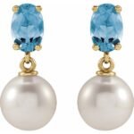 14k Yellow Cultured White Akoya Pearl & Natural Aquamarine