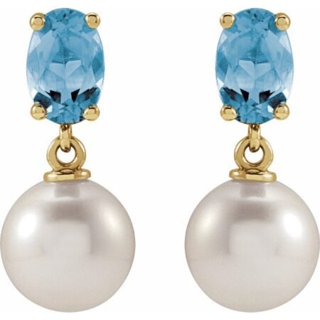 14k Yellow Cultured White Akoya Pearl & Natural Aquamarine