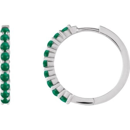 Sterling Silver Natural Emerald Cabochon Hinged 20 Mm  Hoop Earrings