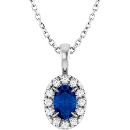 Platinum 6x4 Mm Lab-grown Blue Sapphire & 1/10 Ctw Natural Diamond 16-18' Necklace