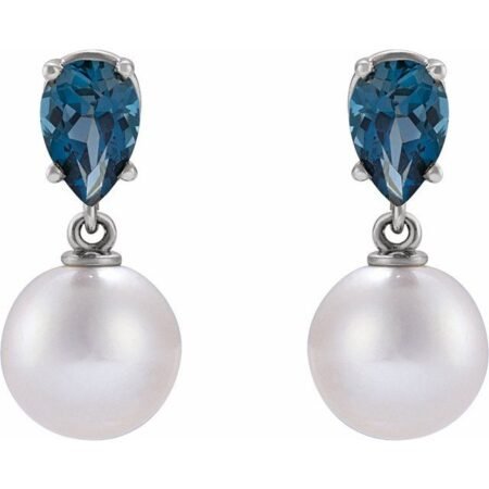 14k White Cultured White Akoya Pearl & Natural London Blue Topaz Earrings