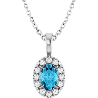 14k White 6x4 Mm Natural Aquamarine & 1/10 Ctw Natural Diamond 16-18' Necklace