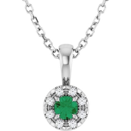 Sterling Silver 3 Mm Lab-grown Emerald & .03 Ctw Natural Diamond 16-18' Necklace