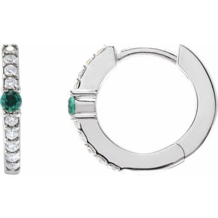 Sterling Silver Natural Emerald & 1/8 Ctw Natural Diamond 13.6 Mm Hoop Earring