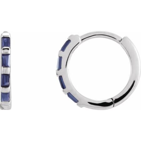 14k White Natural Blue Sapphire Huggie Earrings
