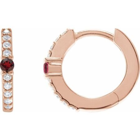 14k Rose Natural Mozambique Garnet & 1/8 Ctw Natural Diamond 13.6 Mm Hoop Earring