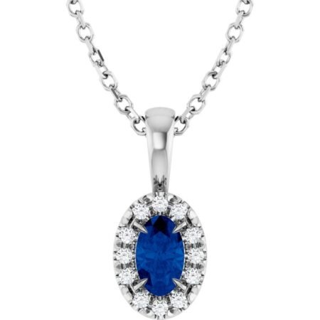 Sterling Silver 5x3 Mm Natural Blue Sapphire & .05 Ctw Natural Diamond 16-18' Necklace