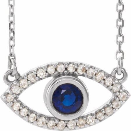 Sterling Silver Natural Blue Sapphire & Natural White Sapphire Evil Eye 18' Necklace