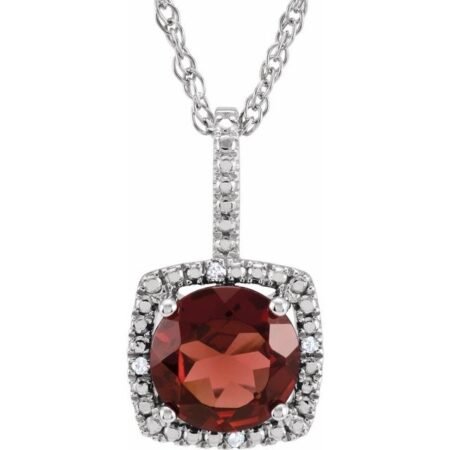 Sterling Silver 7 Mm Natural Mozambique Garnet & .015 Ctw Natural Diamond 18' Necklace