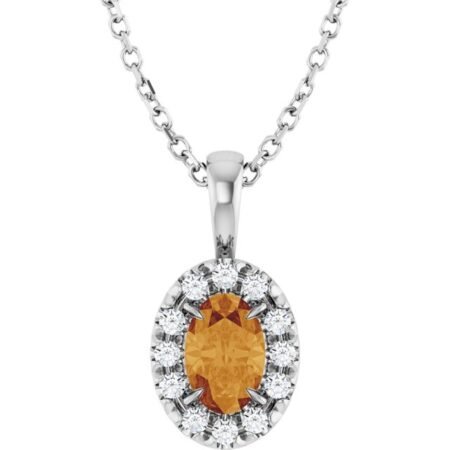 Platinum 6x4 Mm Natural Citrine & 1/10 Ctw Natural Diamond 16-18' Necklace