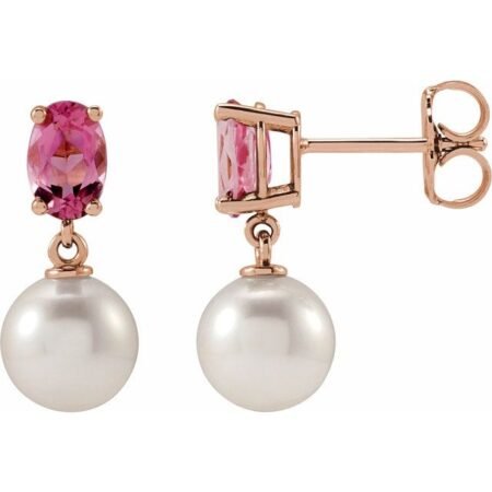 Natural Pink Tourmaline & White Akoya Pearl 14k Rose Gold
