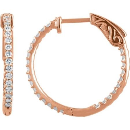 14k Rose 3/4 Ctw Natural Diamond Inside-outside 23 Mm Hinged Hoop Earrings