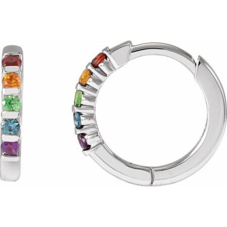 14k White Natural Multi-gemstone Rainbow Huggie Hoop Earrings