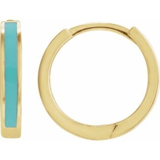 14k Yellow Turquoise Enamel Hinged 12.1 Mm Hoop Earrings