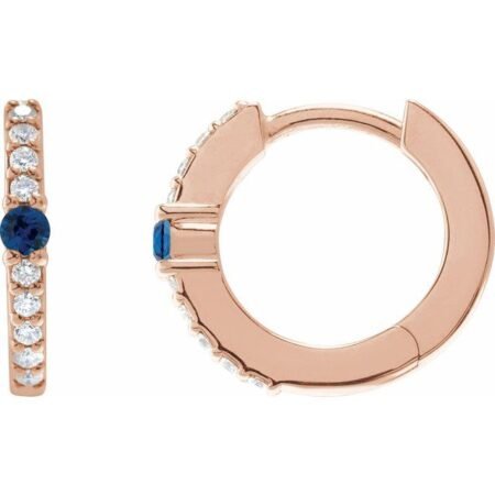 14k Rose Lab-grown Blue Sapphire & 1/8 Ctw Natural Diamond 13.6 Mm Hoop Earring