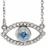 Sterling Silver Natural Aquamarine & Natural White Sapphire Evil Eye 18' Necklace