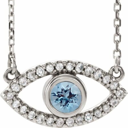 Sterling Silver Natural Aquamarine & Natural White Sapphire Evil Eye 18' Necklace