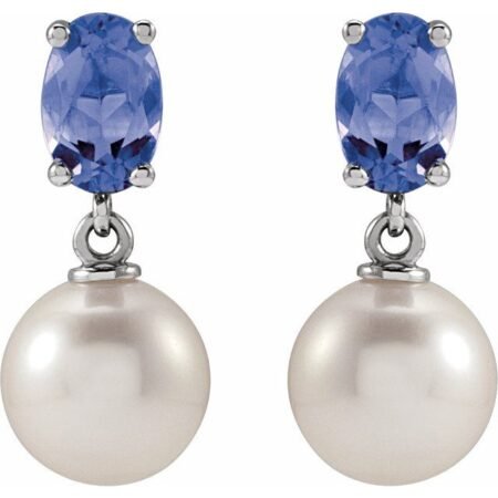 14k White Cultured White Akoya Pearl & Natural Tanzanite