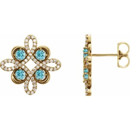 14k Yellow Natural Blue Zircon & 1/4 Ctw Natural Diamond Earrings