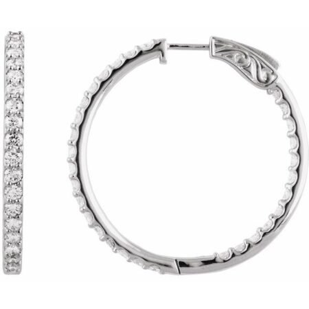 14k White 3 Ctw Natural Diamond Inside-outside 34.5 Mm Hinged Hoop Earrings