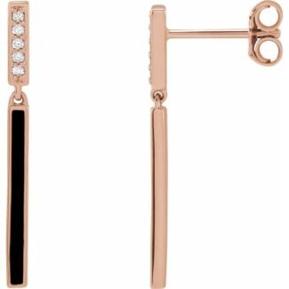 14k Rose .06 Ctw Natural Diamond & Black Enamel Bar Earrings