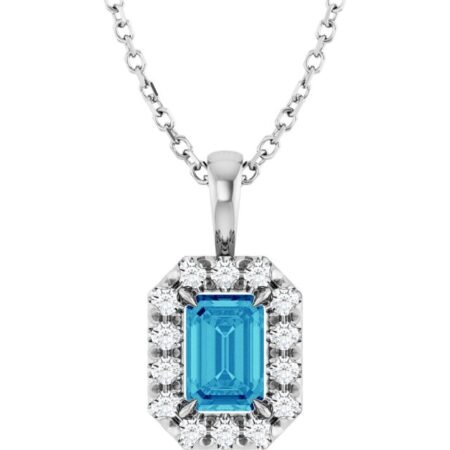 Platinum 6x4 Mm Natural Blue Zircon & 1/5 Ctw Natural Diamond 16-18' Necklace
