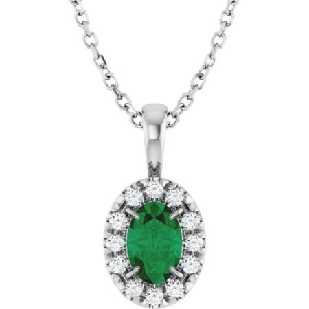 Sterling Silver 6x4 Mm Lab-grown Emerald & 1/10 Ctw Natural Diamond 16-18' Necklace