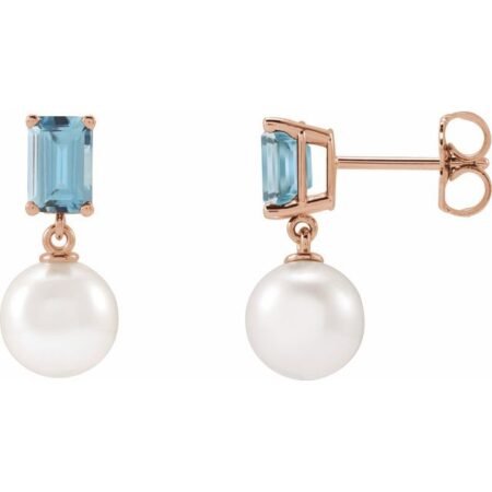 14k Rose Cultured White Akoya Pearl & Natural Aquamarine