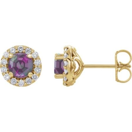 14k Yellow Lab-grown Alexandrite & 1/4 Ctw Natural Diamond Earrings