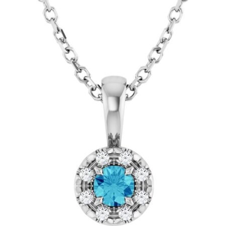Platinum 3 Mm Natural Blue Zircon & .03 Ctw Natural Diamond 16-18' Necklace