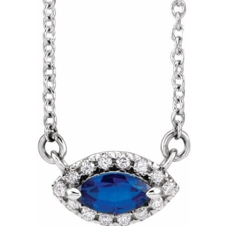 Platinum Lab-grown Blue Sapphire & .05 Ctw Natural Diamond Halo-style 18' Necklace