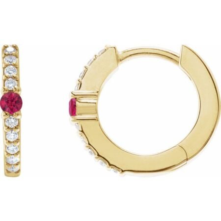 14k Yellow Lab-grown Ruby & 1/8 Ctw Natural Diamond 13.6 Mm Hoop Earring