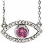Sterling Silver Natural Pink Tourmaline & Natural White Sapphire Evil Eye 18' Necklace