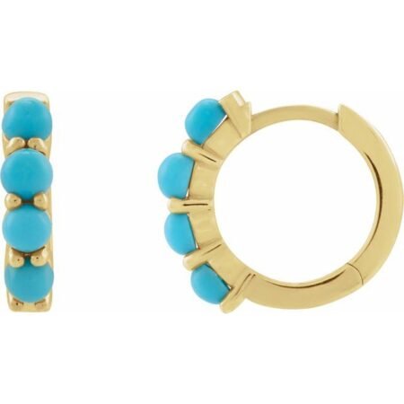 14k Yellow Natural Turquoise Cabochon Hinged 14.7 Mm  Hoop Earrings