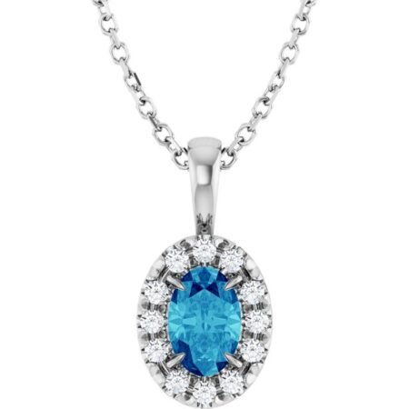 Sterling Silver 6x4 Mm Natural Blue Zircon & 1/10 Ctw Natural Diamond 16-18' Necklace