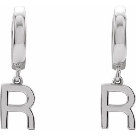 14k White Initial R Hinged Huggie Earring