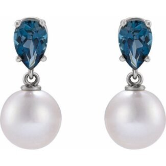 Sterling Silver Cultured White Akoya Pearl & Natural London Blue Topaz Earrings